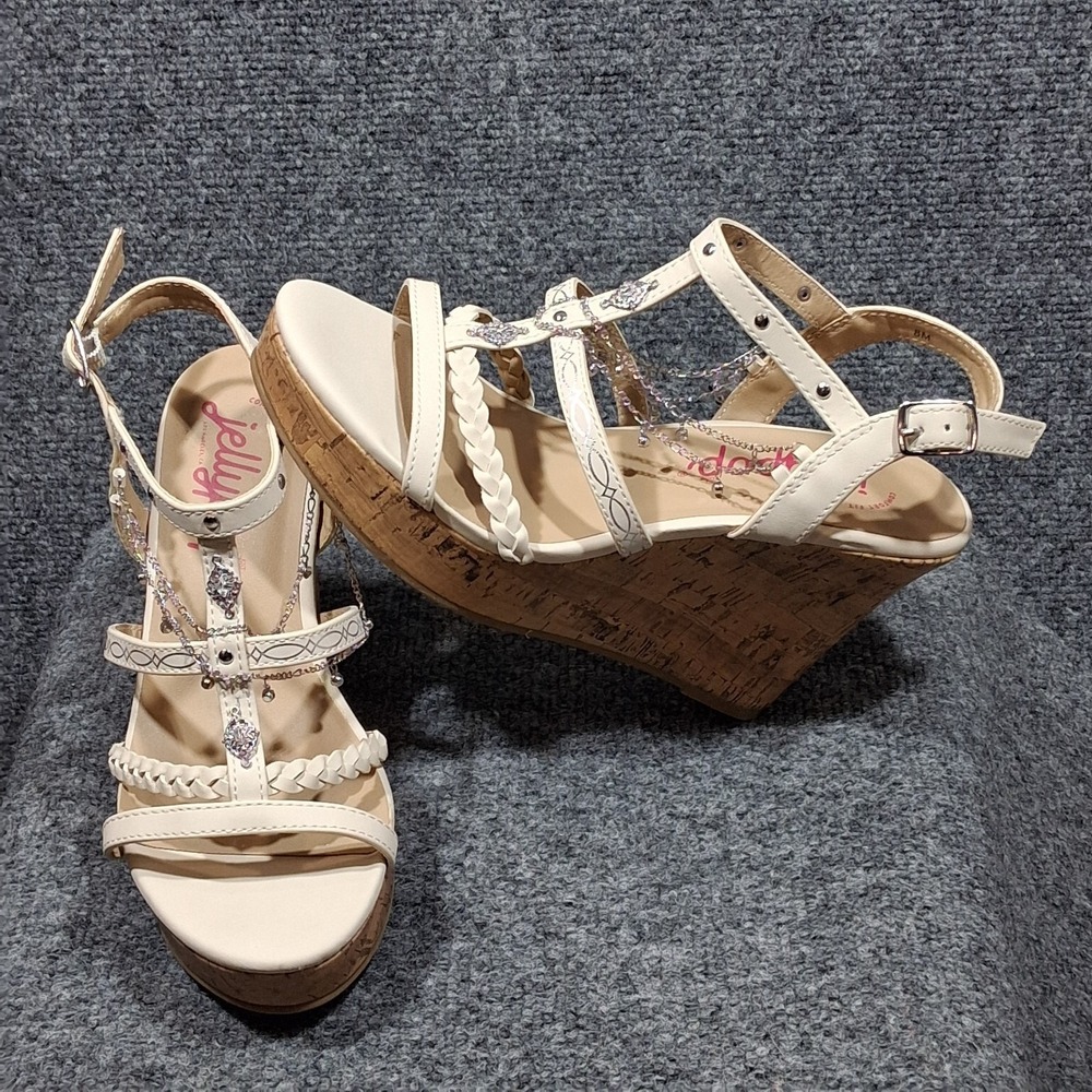 Jellypop Wedge Sandals Cream With Silver  Tone Chain Jewel Accents  Ankle Strap - Picture 9 of 13